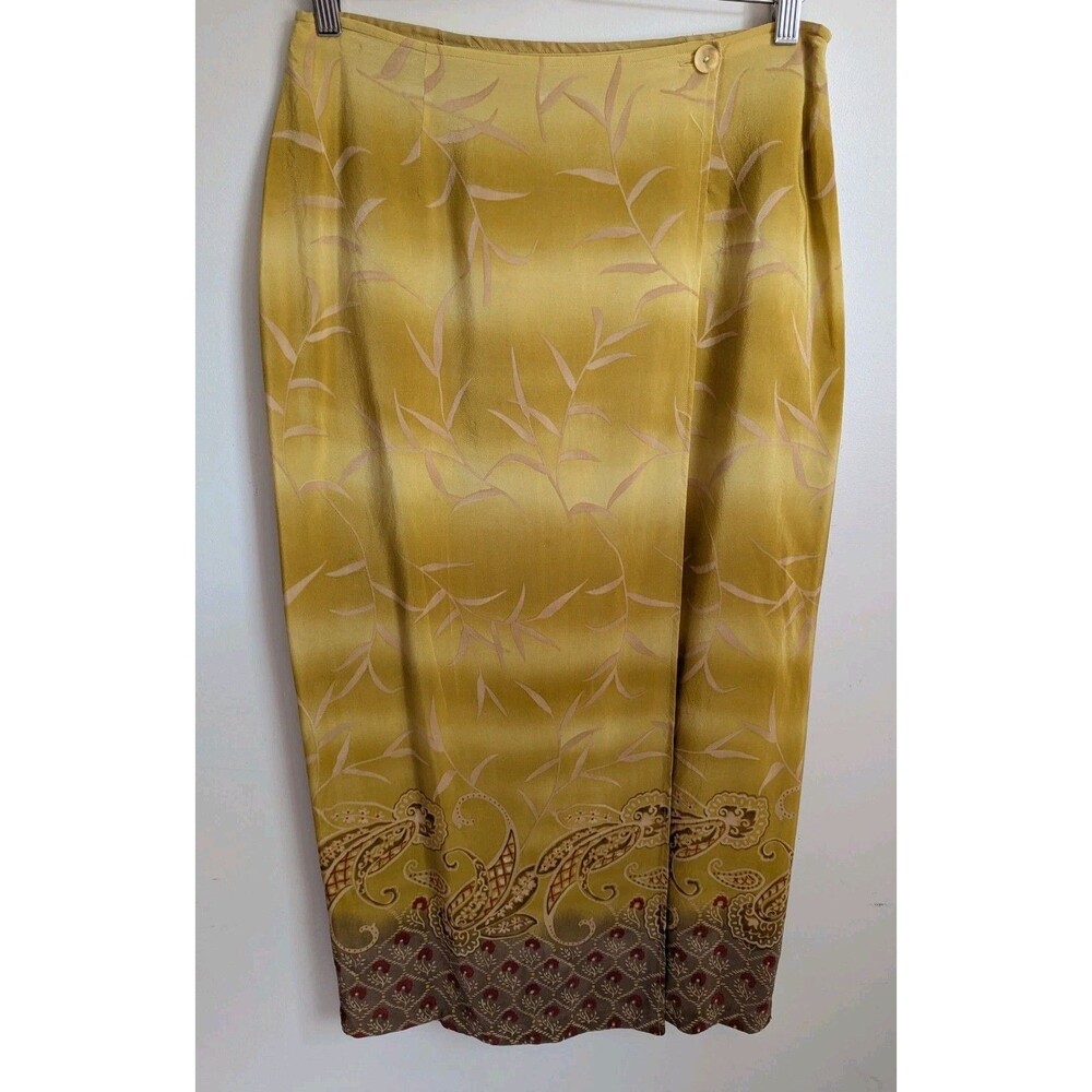 Y2K 90s Silk Wrap Maxi Skirt Mustard Gold Paisley Border Print Tagged 10